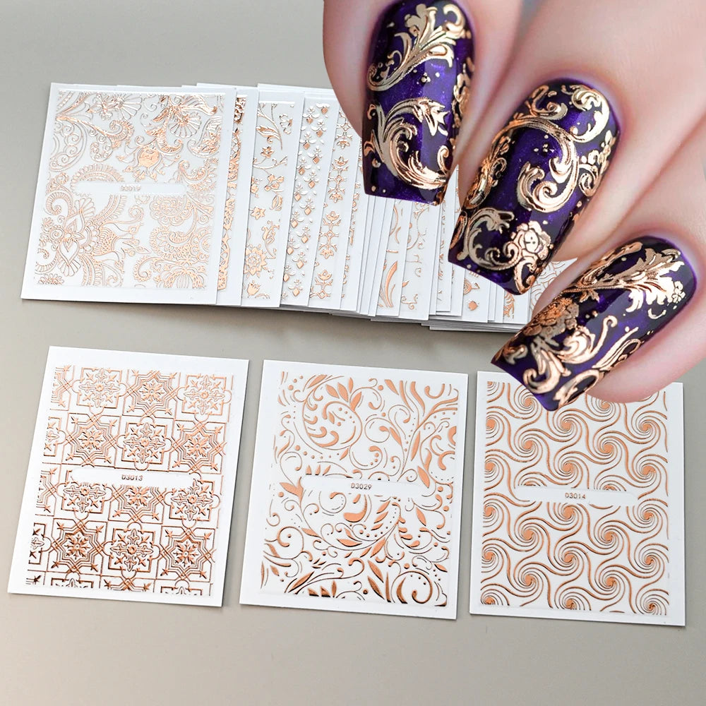 30pcs 5D Embossed Rose Golden Lace Floral Nail Stickers Retro Vine Flower Nail Decals 5.5*6.5cm Irregular Geometric Nail Sliders
