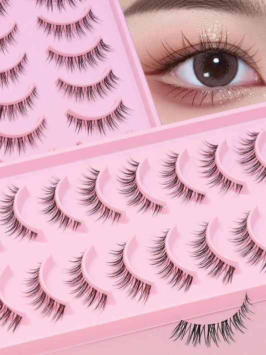 10 Pairs Natural Eye Lashes Faux Mink Eyelashes Winged End Eye Elongated Eyelashes Natural Long Manga Lashes Fake Lashes Makeup
