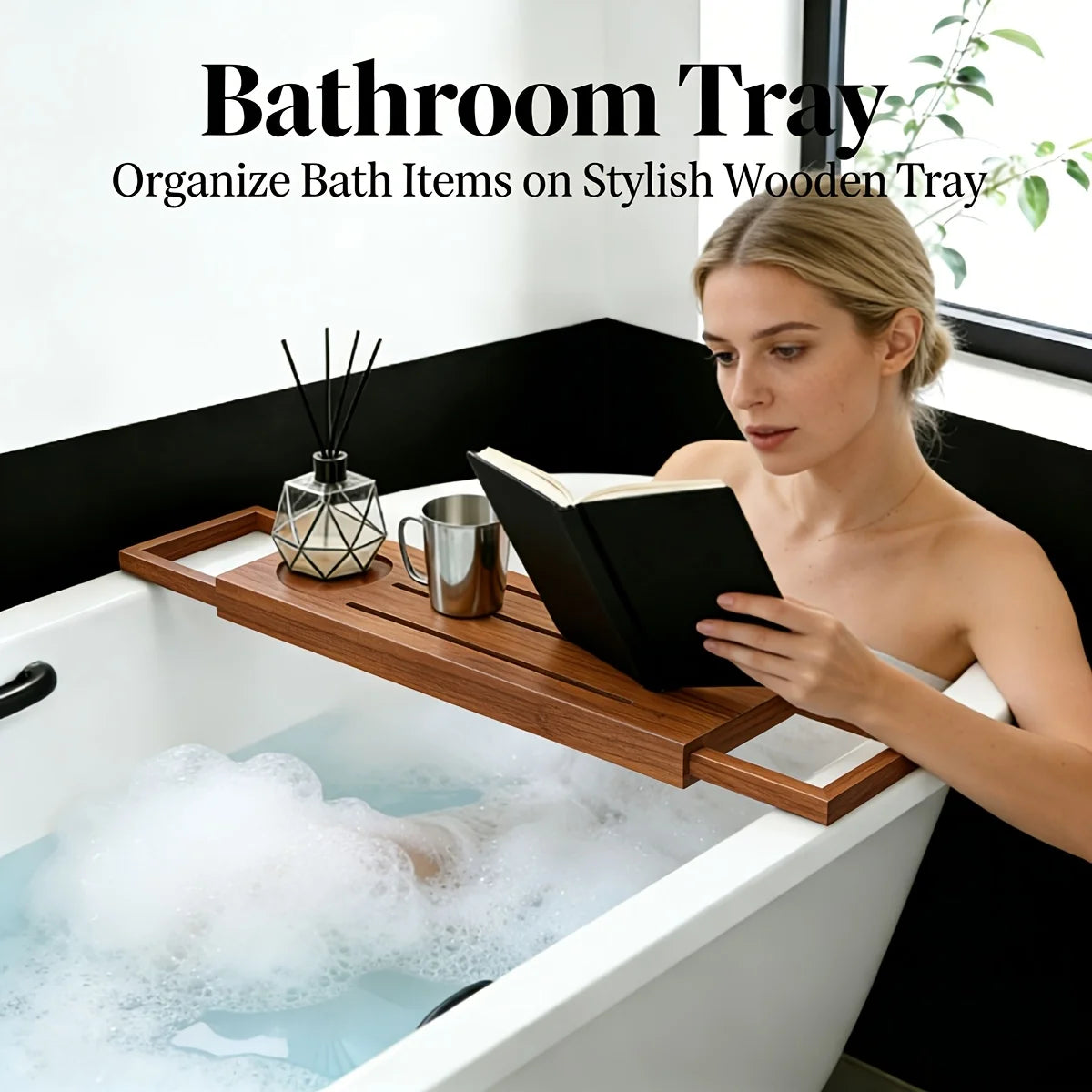 Bamboo Bathtub Tray Expandable Anti-Slip with Wine Holder Phone Slot Bookrest