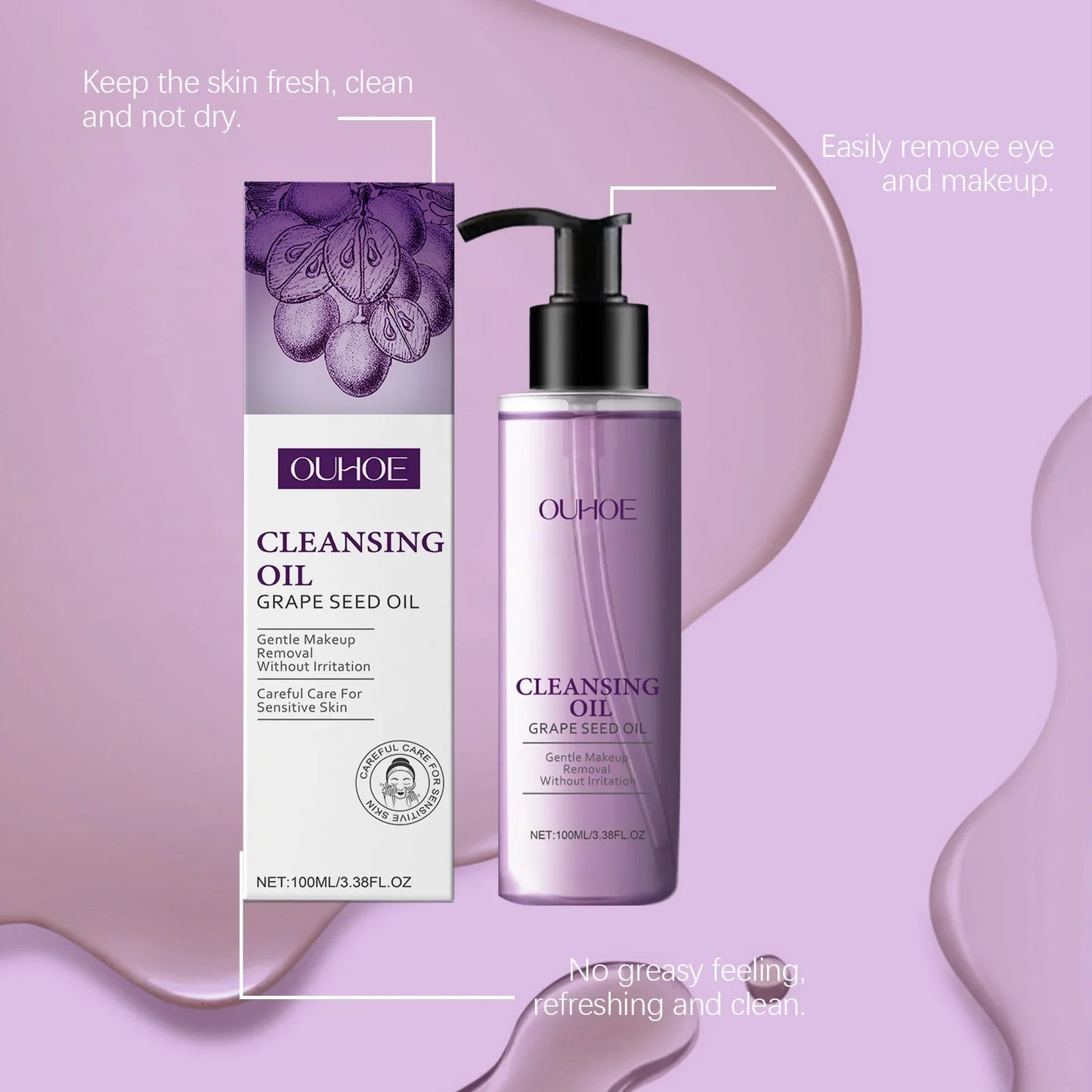 Grape Seed Cleansing Oil Makeup Remover for Sensitive Skin Non-Tightening Deep Purifying Hydrating Refreshing Facial Oil Control