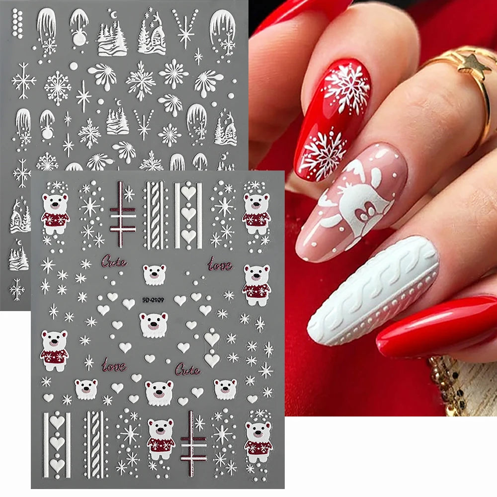 2pcs 5D Christmas Nail Stickers Waterfall Snowflakes Santa Claus Elk Gingerbread Nail Decals  Embossed Winter  Xmas Manicure Set