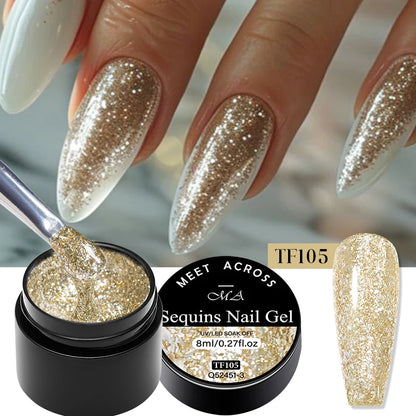 MEET ACROSS 8ml Pink Glitter Sequins Gel Nail Polish Shiny Sparkling Platinum Semi Permanant Soak Off Nail Art Varnish Manicure