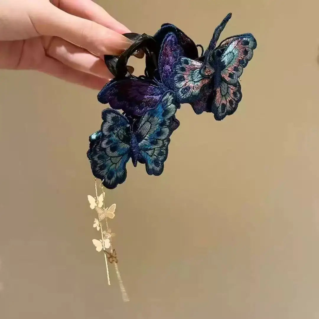 New Chinese Style Kniting Butterfly Hair Claws Women's Purple Long Flower Tassel Shark Grab Clips Vintage Hanfu Headpiece W