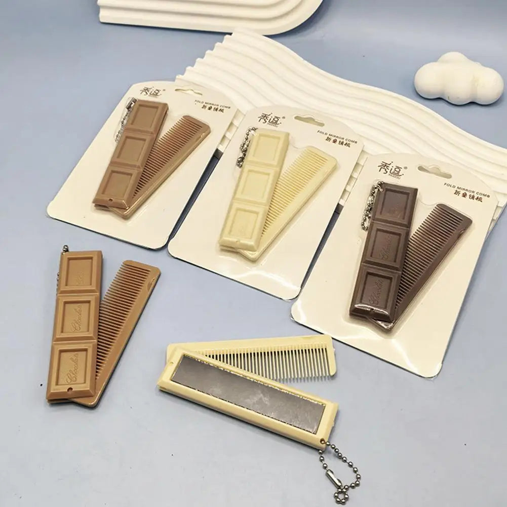 2 in 1 Folding Chocolate-Shaped Folding Comb with Mirror Portable Massage Comb Brush for Salon Travel Hair Smooth Styling Tools