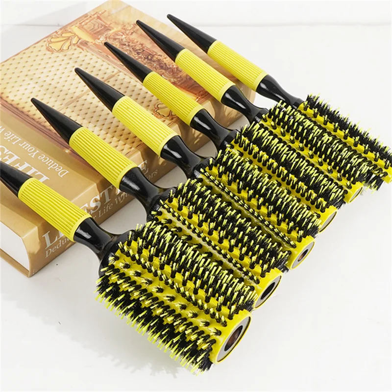 Professional 1PC 6 Sizes Round Wooden Hair Brush Boar Bristle Mix Nylon Salon Women Hair Styling Tools Yellow Brazil Hair Curler