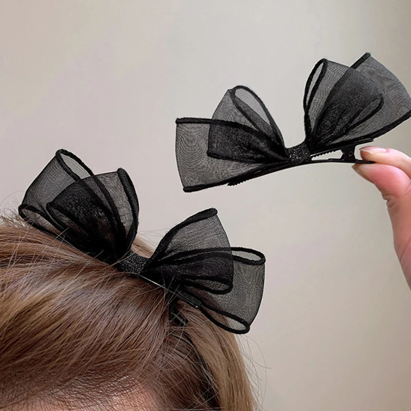 2Pcs Black Bow Small Hair Claw Women Girl Hair Grab Clip Side Clip Forehead Bangs Hair Styling Clip Sweet Headdress