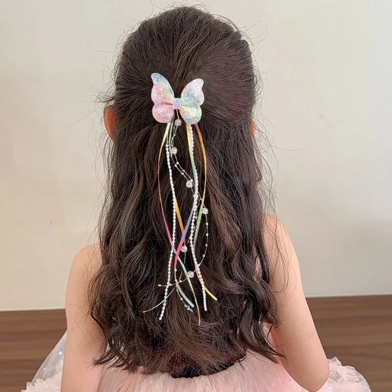 2Pc Childrens Rainbow Butterfly Sequin Hair Clip,pearl Ribbon,tassel Hair Clip,girl Braided Hair Accessory,performance Accessory