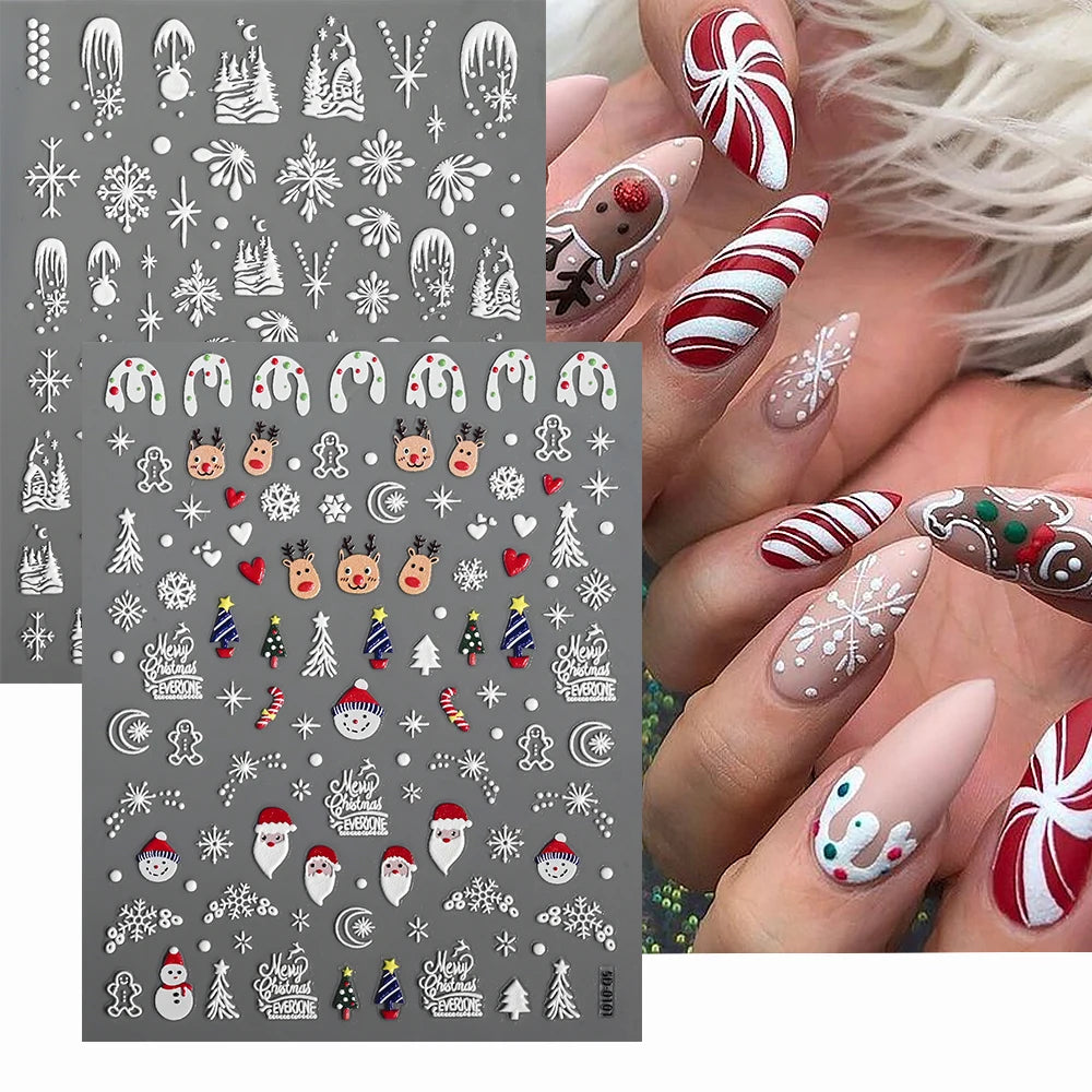 2pcs 5D Christmas Nail Stickers Waterfall Snowflakes Santa Claus Elk Gingerbread Nail Decals  Embossed Winter  Xmas Manicure Set