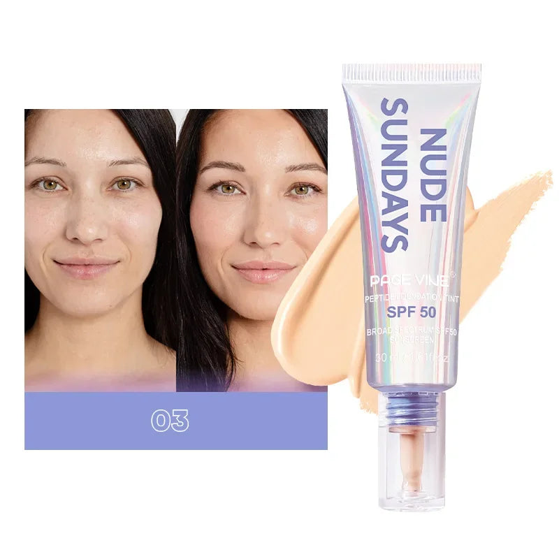 PAGE VINE Peptide Foundation Tint SPF50 Flawless Foundation Oil Control Concealer Non-Flaking Full Coverage Hydrating Makeup Hot