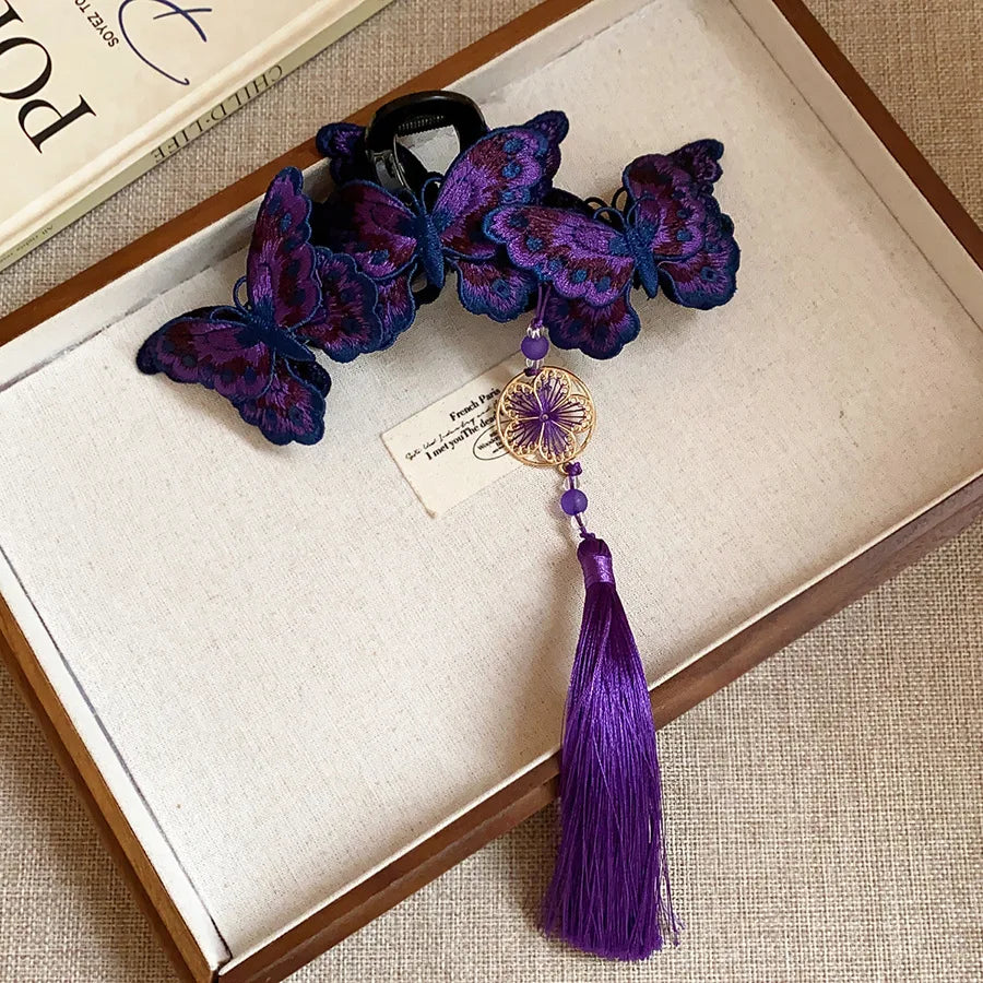 New Chinese Style Kniting Butterfly Hair Claws Women's Purple Long Flower Tassel Shark Grab Clips Vintage Hanfu Headpiece W