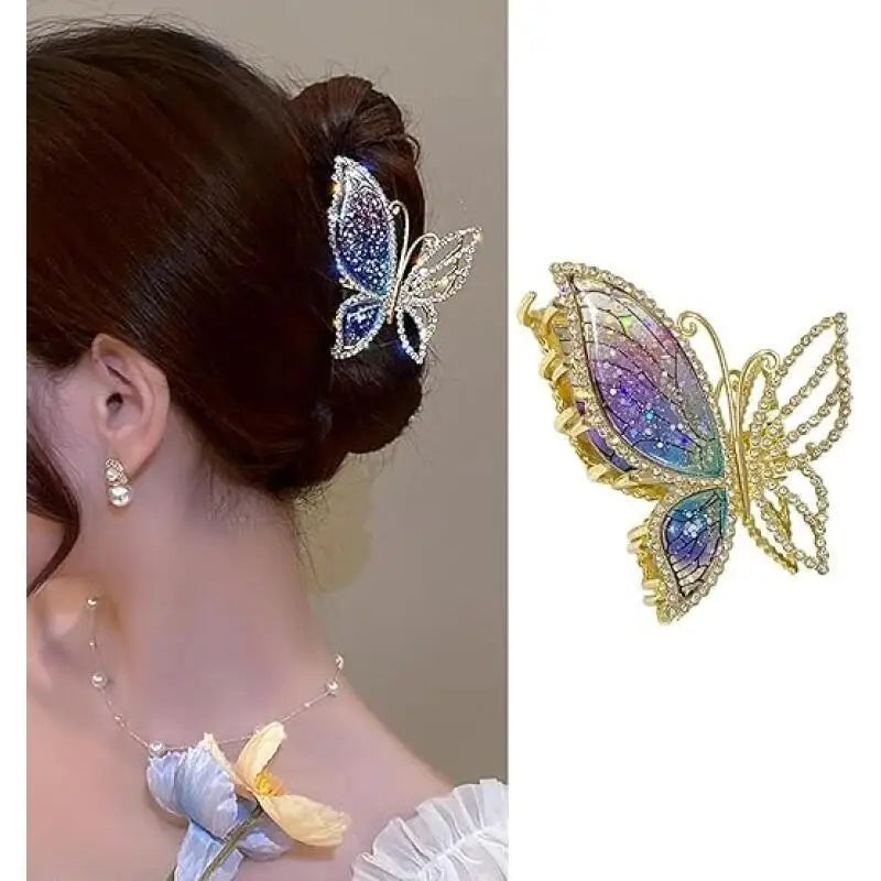 Starry Purple Gradient Rhinestone Shark Hair Clip, Resin Winged Butterfly Hair Claw, Stylish Exquisite Butterfly Claw Clip.
