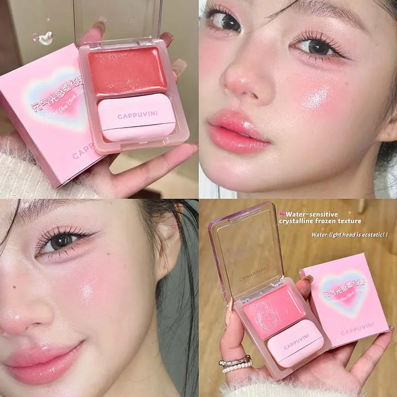 Orange Pink Blusher Plate with Puff Water Gloss Blush Cream Makeup Lasting Moisturizing Cheek Tint Rouge Portable Blush Cosmetic