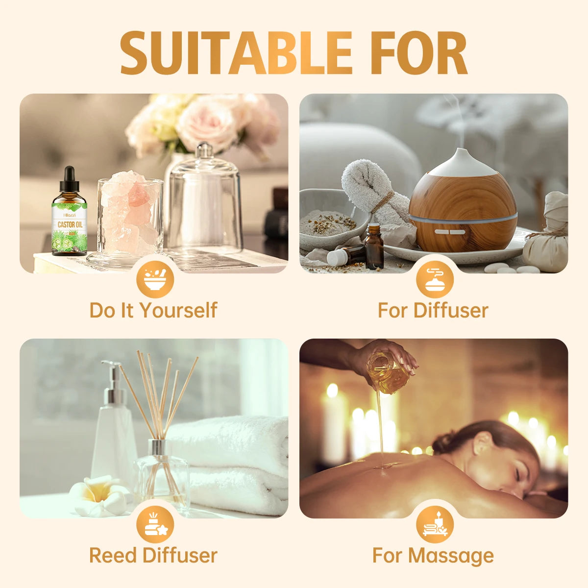 Castor essential oil has a unique scent and is suitable for hair care, body massage, aromatherapy and diffusers.