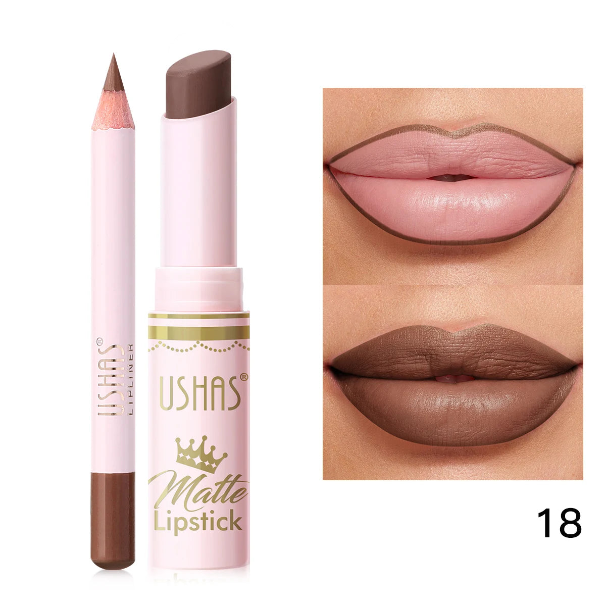 USHAS 2 In 1 Lipstick&Lip Liner Set, 18 Color Matte Nude Color Lipstick, Moisturizing and Long-Lasting, Perfect Lip Cosmetic