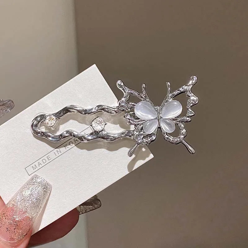 Y2K Irregular Liquid Metal Hairpin Butterfly Zircon Hair Clips Girl Fashion Silver Bang Clip For Women Hair Accessories