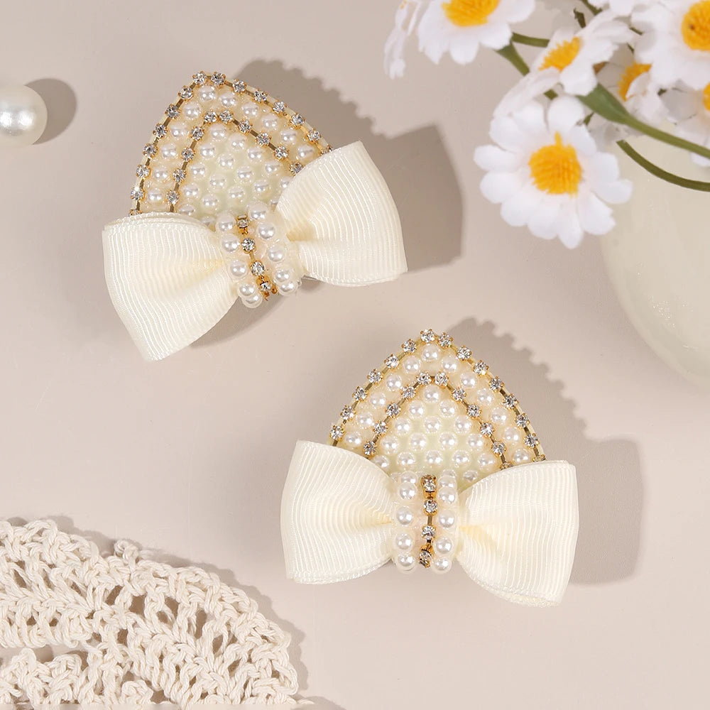 2Pcs Cat Ear Bow Hair Clips Elegant Pearls Rhinestone Hairpins Ribbon Barrette For Girls Children Headdress Hair Accessories