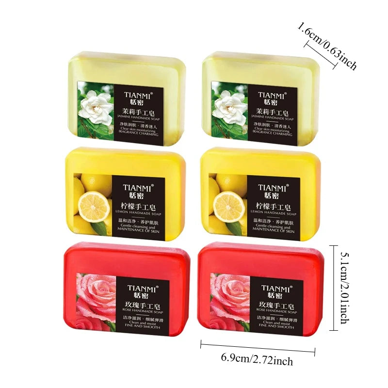 6PCS fruit floral handmade soap, jasmine, rose, lemon handmade soap, gentle cleaning, bathing the whole body, moisturizing