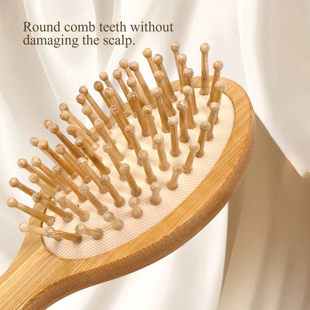 Natural Bamboo Hair Brush with Air Cushion - Scalp Massage, Anti-static Detangling Comb for Daily Hair Care & Styling