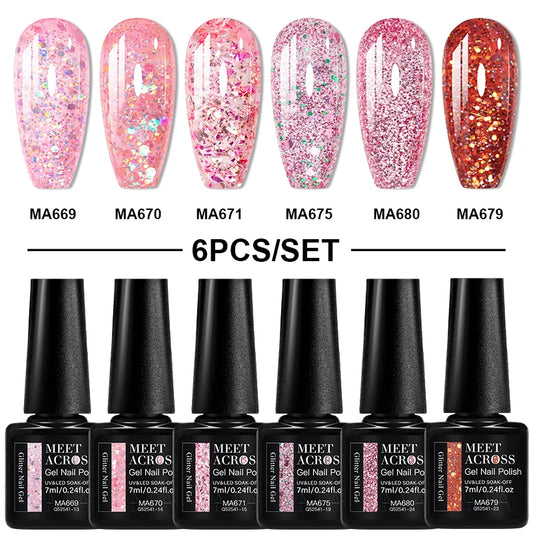 6pc Glitter Sequins Nail Gel Polish Set 24 Colors All for Nail Art Decorations Semi Permanent Soak Off UV/LED Varnishes Kit