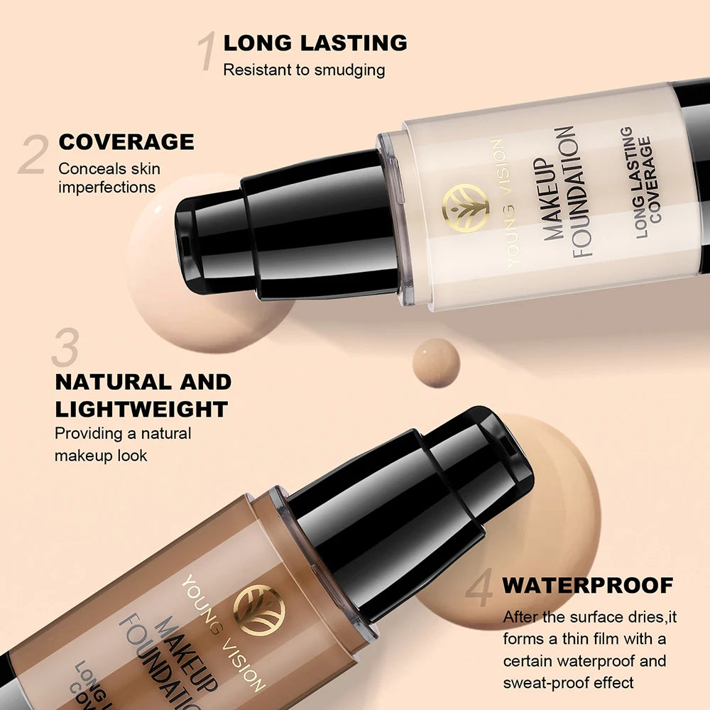 Long-Lasting Waterproof Liquid Foundation with Oil Control & Moisturizing, High Coverage Sweat-Resistant Concealer for Women,