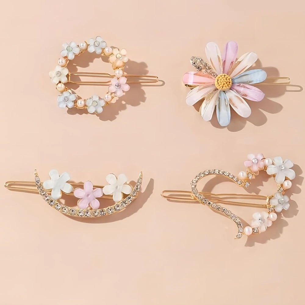 4pcs/set Fashion Exqusite Crystal Flower Heart Hair Clips Hairpins For Women Girls Party Ponytail Side Headwear Hair Accessories