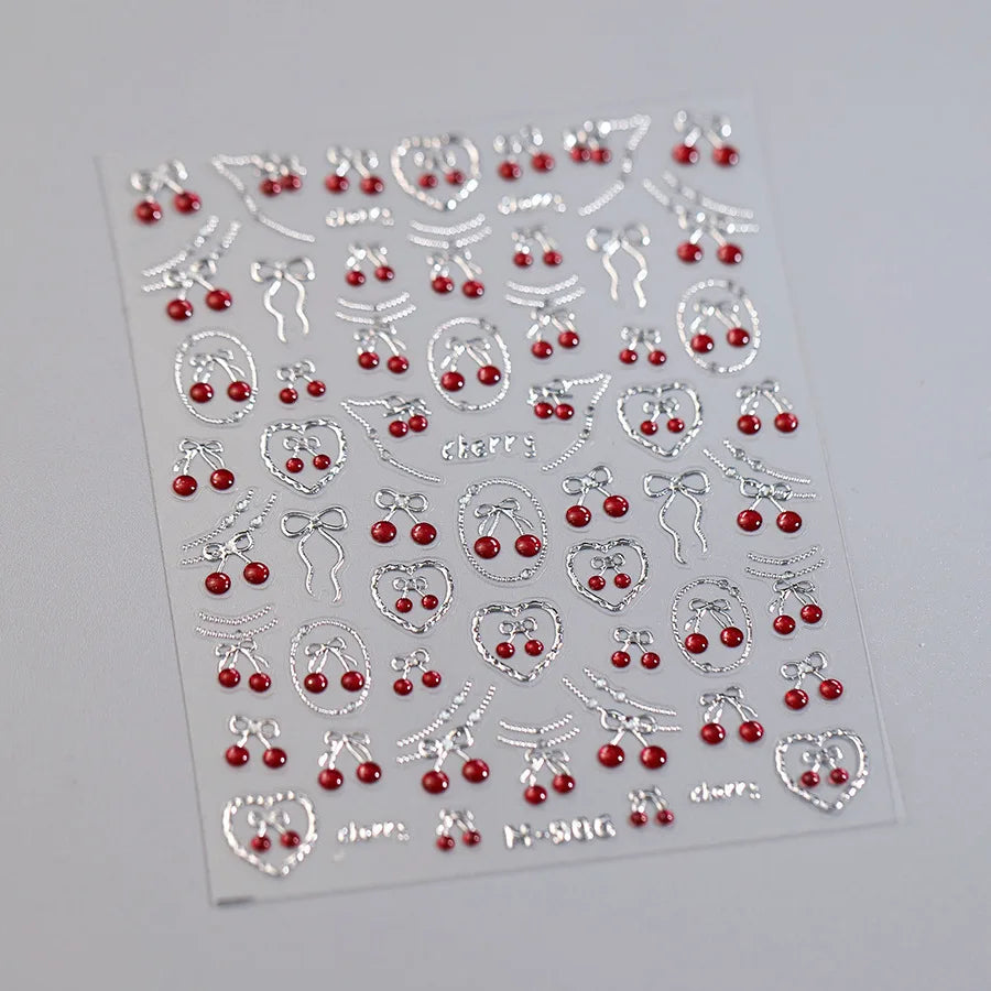 1pcs Cute Small Cat Claw Cherry Nail Art Charms Stickers Shiny 5D Jelly Cherry Pudding Bows Design Adhesive Sliders Nail Decals