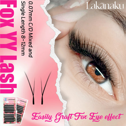 LAKANAKU Fox Eyes YY Shape Eyelashes Extension 0.07mm YY Eyelash Cilia and Brazilian Volume Soft Faux Mink YY Lashes Y Cilios