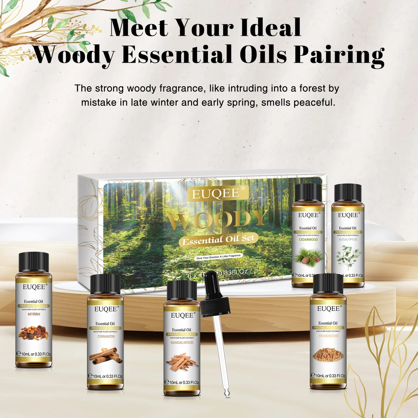 EUQEE 6 Bottles Woody Series Essential Oils Set For Aromatherapy-Eucalyptus Cedarwood Sandalwood Frankincense Cinnamon Myrrh