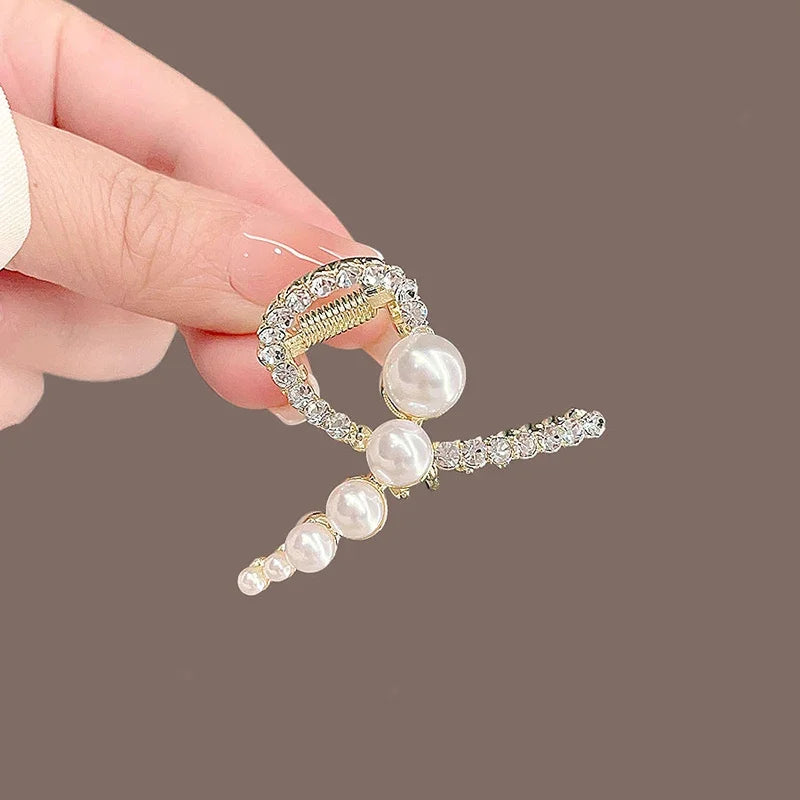 Temperament Pearls Rhinestone Geometric Cross Hair Claw High-end Women's Back of Head Half-tied Hair Grip Korean Style Hairpin