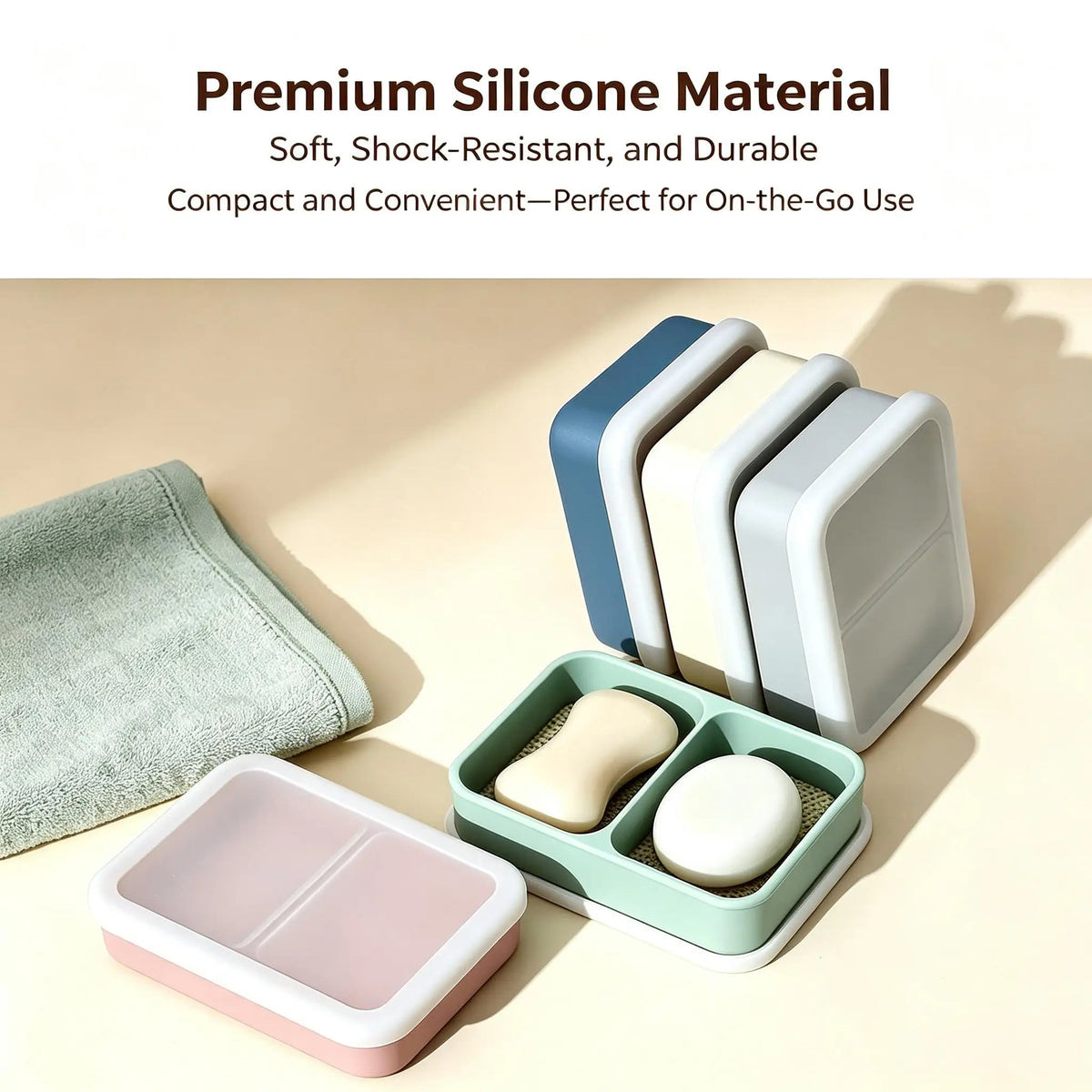 Portable Travel Soap Dish with Lid, Dual Compartment Silicone Drain Soap Box, Double Layer Waterproof Soap Holder with Drain Mat