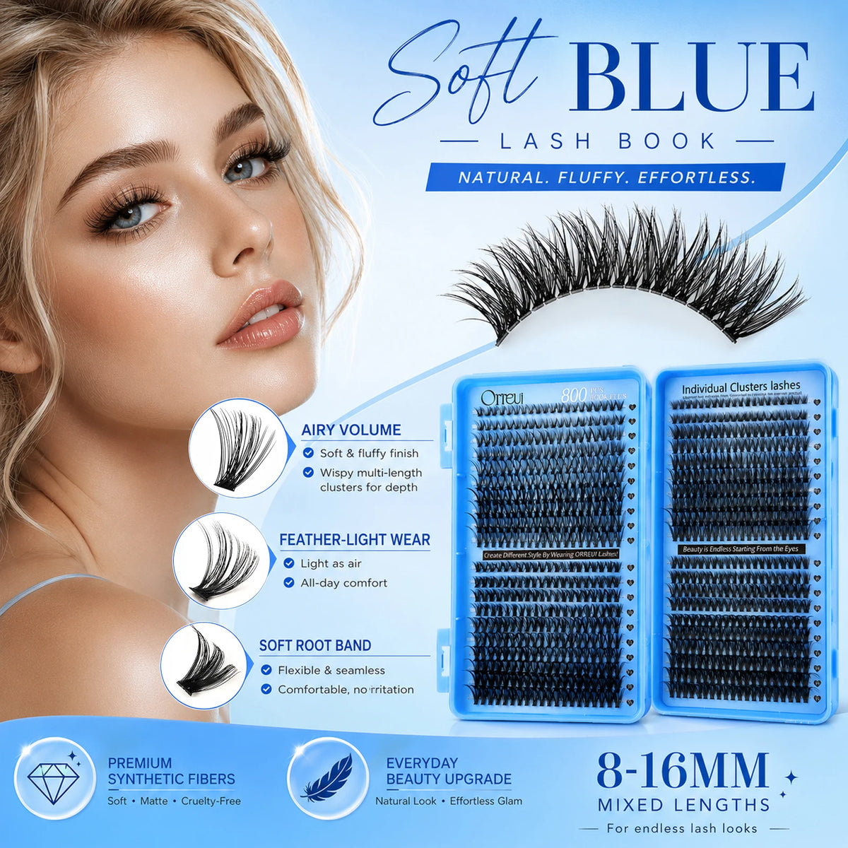 800PCS Cluster Lash Book 30D 40D 50D 60D 8-16mm Mixed Length DIY Individual Eyelash Extensions Soft Wispy Volume Lashes