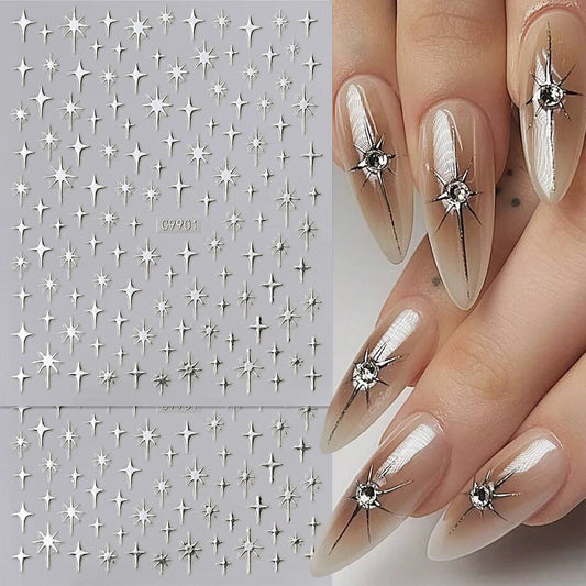 6Colors Laser Star Nail Stickers 3D Metallic Mirror Golden Silvery Irregular Star Manicure Decals Y2K Gender-Neutral Nails Decor