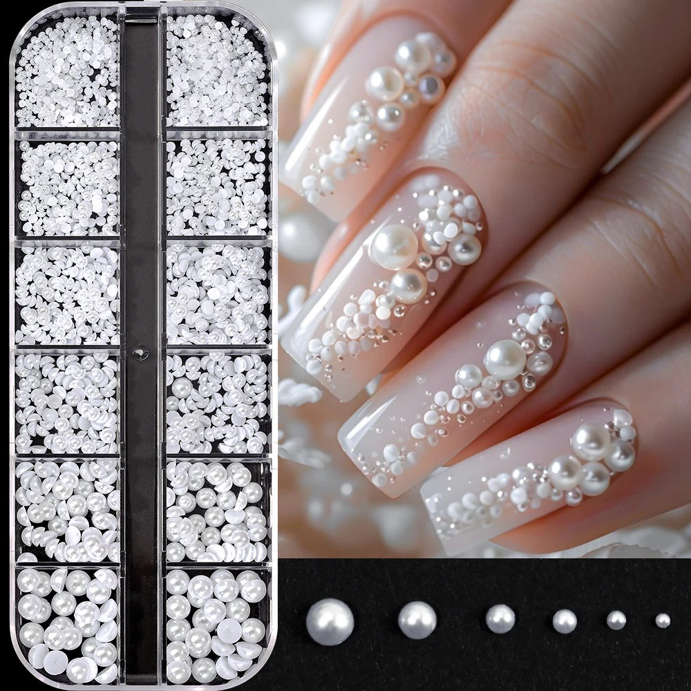 12Grids/Box Five-Petal Flower/Steel Beads Nail Art Charms Mixed-Size Flowers Gold/Silver Ball Rhinestones DIY Manicure Diamonds