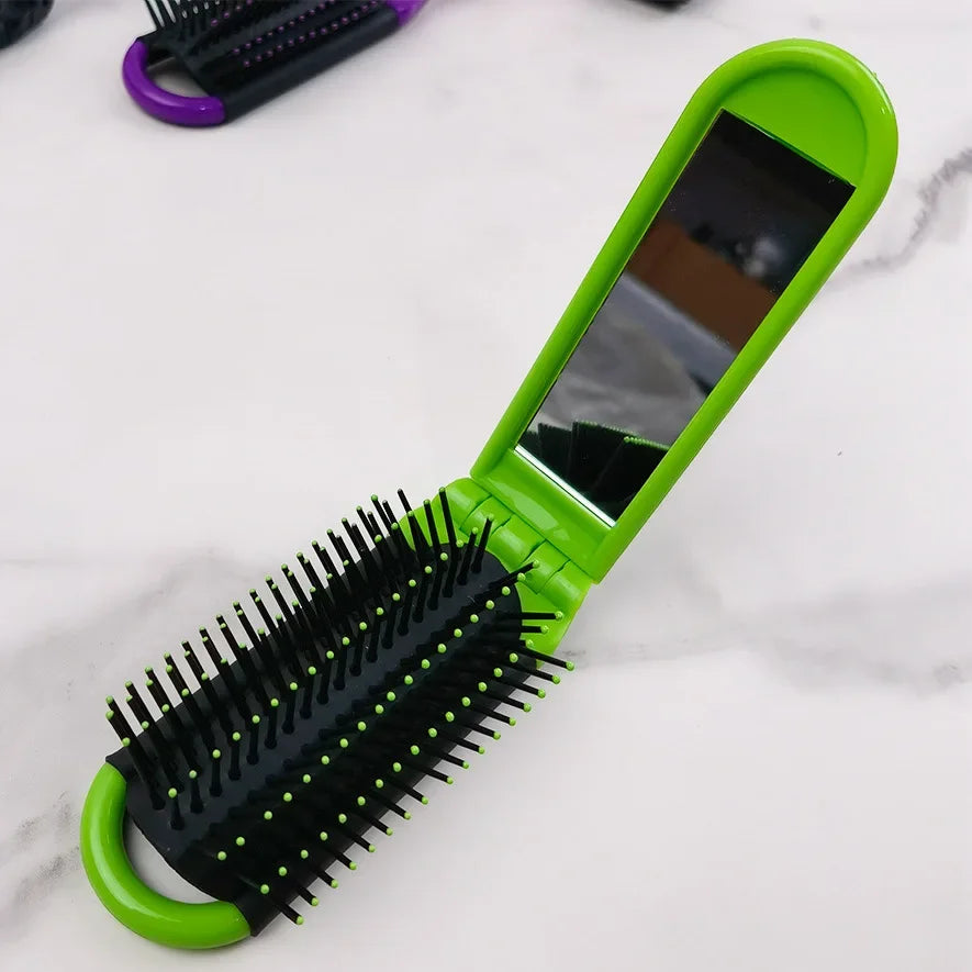 Portable Travel Folding Hair Brush With Mirror Compact Pocket Size Comb ABS Heat-Resistant Folding Comb Portable Dual-Use