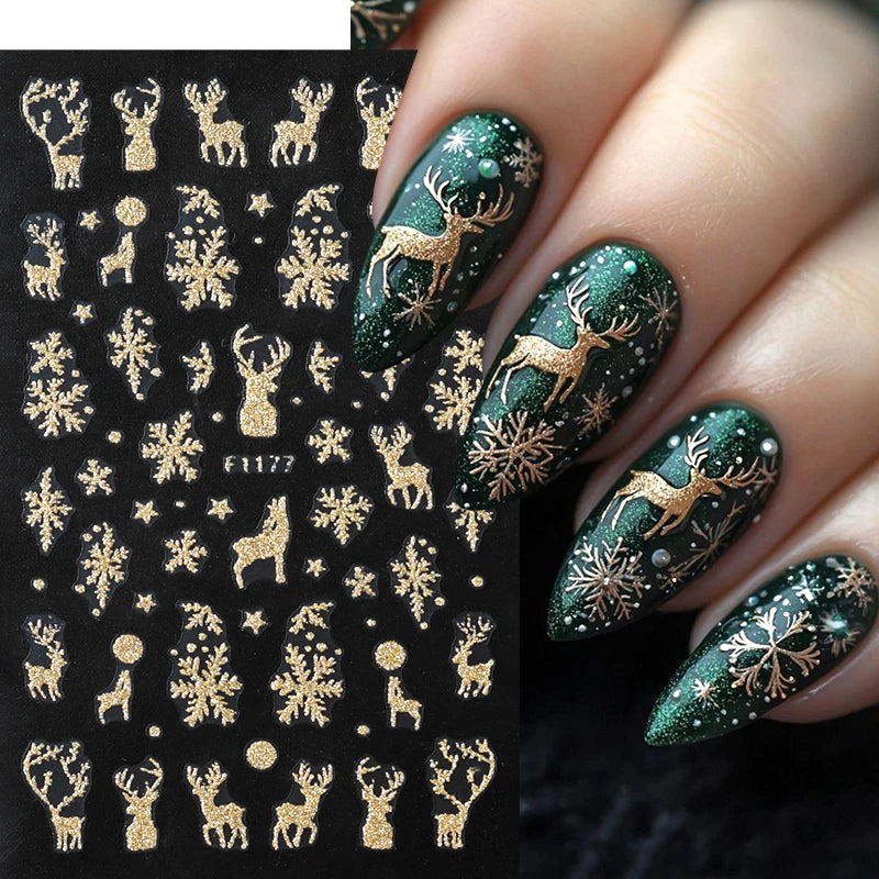 5pcs Sparkling Gold Glitter Christmas Nail Stickers Shiny Snowflake Xmas Tree Deer Polish Sliders Winter New Year Nail Art Decal