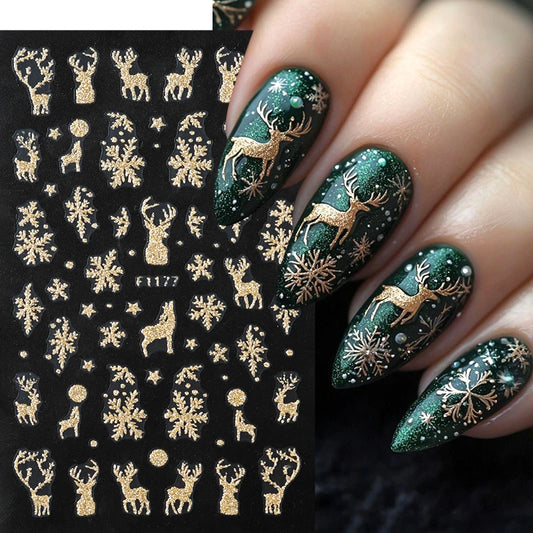 5pcs Sparkling Gold Glitter Christmas Nail Stickers Shiny Snowflake Xmas Tree Deer Polish Sliders Winter New Year Nail Art Decal