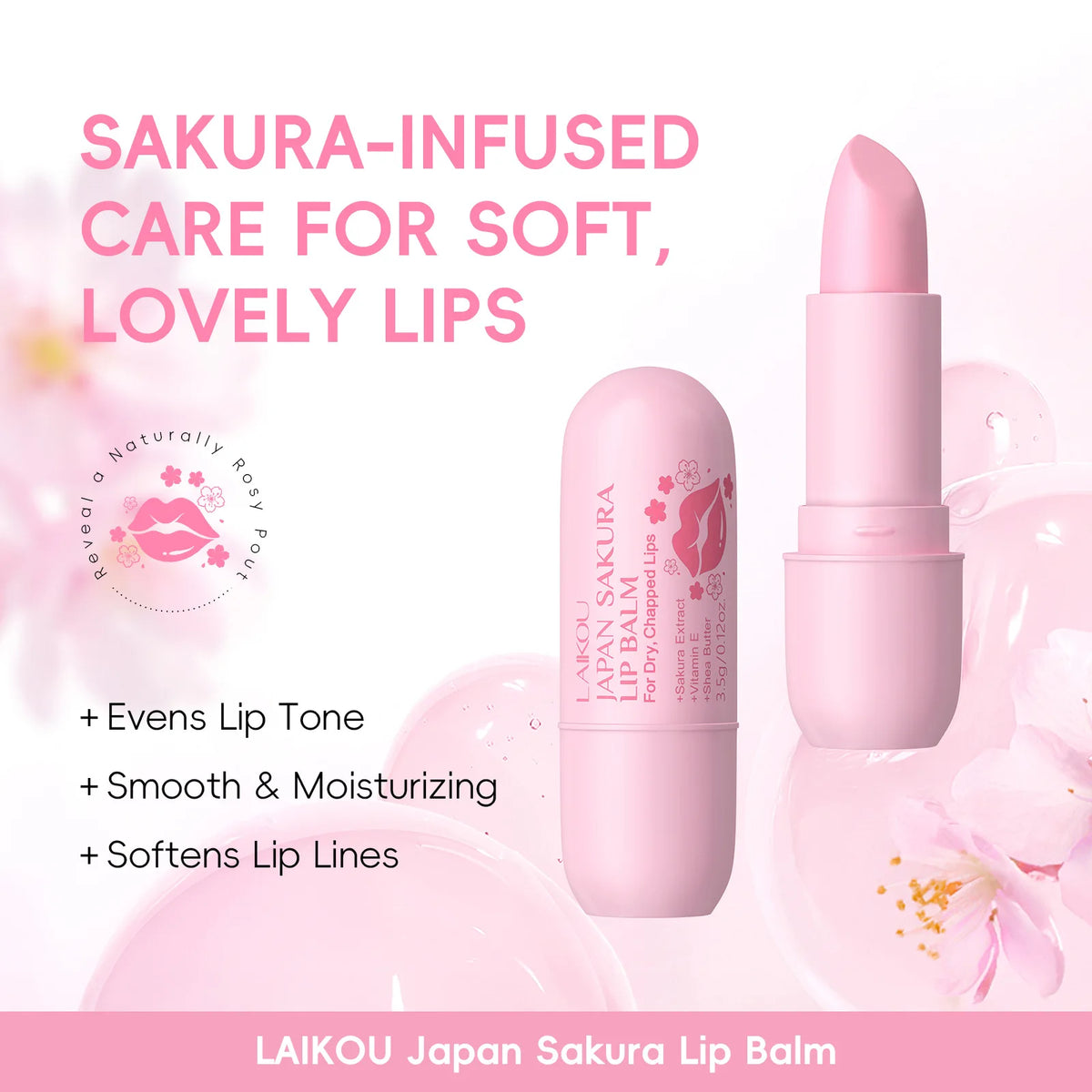 LAIKOU Sakura Lip Balm Nourishing Refreshing Hydrating and Lasting Moisturizing Preventing Cracking Repairing for Daily Lip Care