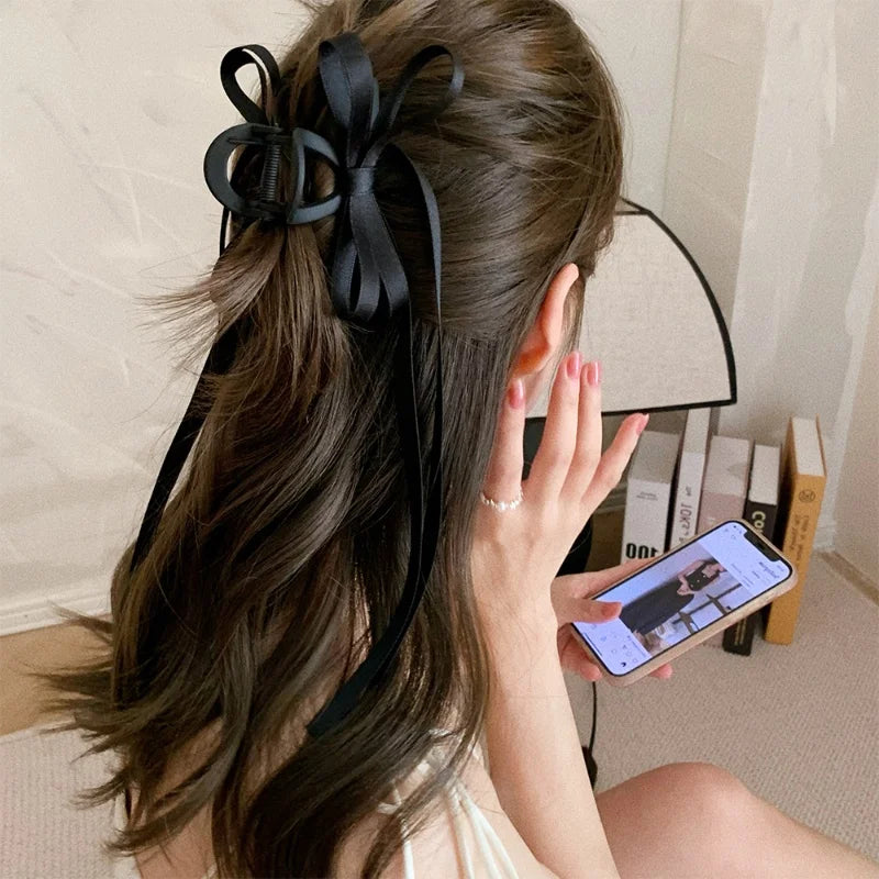 Fashion Black Long Ribbon Bow Claw Clip Back Butterfly Clips Shark Clip Women Girl New Frosted Hair Accessories Hair Claw Clip