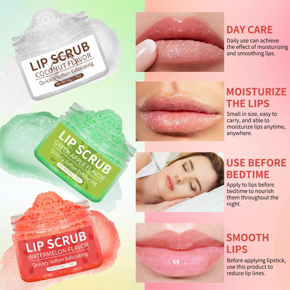 Hllozzi 50g lip scrub jojoba oil vitamin C hydrating moisturizing mild non-irritating watermelon, coconut, apple