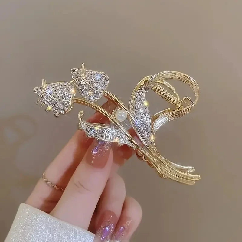 1pc Metal Tulip Shaped Hair Claws Clips With Rhinestone Faux Pearls Decor, Strong Hold Hair Clips For Thick Hair Ponytail Holder