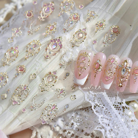 Elegant Gold Scepter 5D Nail Art Stickers Gorgeous Gemstone Luxury Courtly Pattern Necklace Frame Self Adhesive Manicure Decals