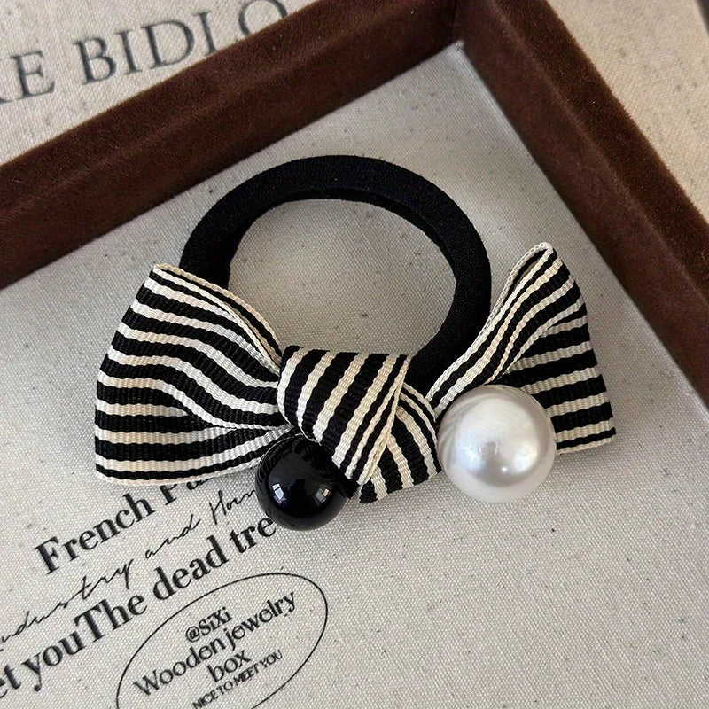 Simple Beach Hair Accessories Scrunchies for Hair Woman Accesories Pearl Striped Bow Girls Cute Items New Headwear Apparel