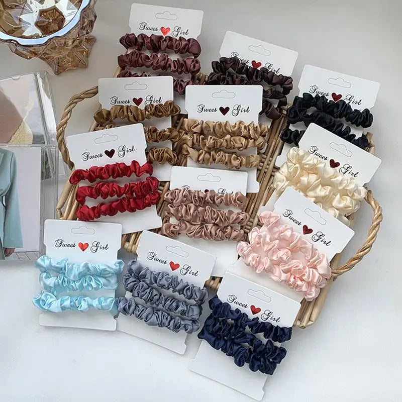 3Pcs/Set Smooth Silky Hair Scrunchies Women Ponytail Holders Rubber Bands Hair Ties Silk Satin Solid Color Small Intestine Ring