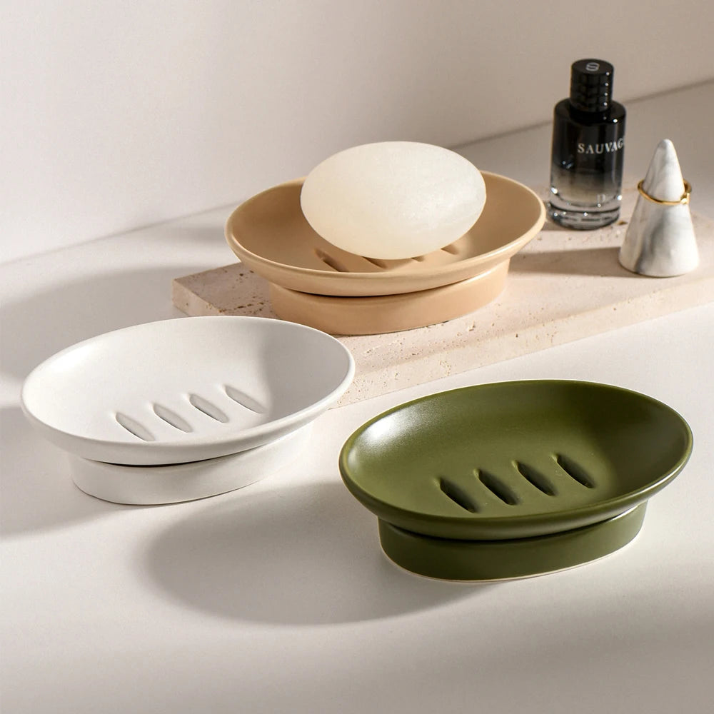 White Ceramic Soap Dish with Drainage Hole Oval Soap Holder Self Draining Soap Tray Bathroom Countertop Storage Organizer
