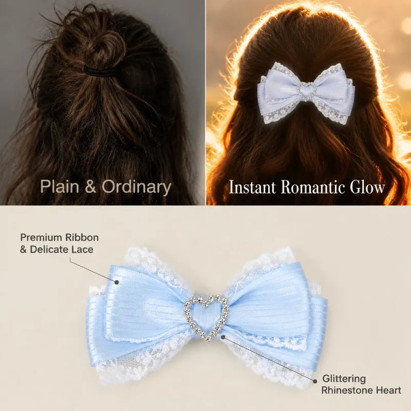 Lace Stripe Satin Bow Hair Clip Heart Rhinestone Barrettes Women Lolita Daily Wedding Party Hair Accessories Hair Clips ForWomen
