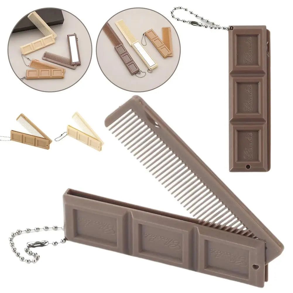 2 in 1 Folding Chocolate-Shaped Folding Comb with Mirror Portable Massage Comb Brush for Salon Travel Hair Smooth Styling Tools