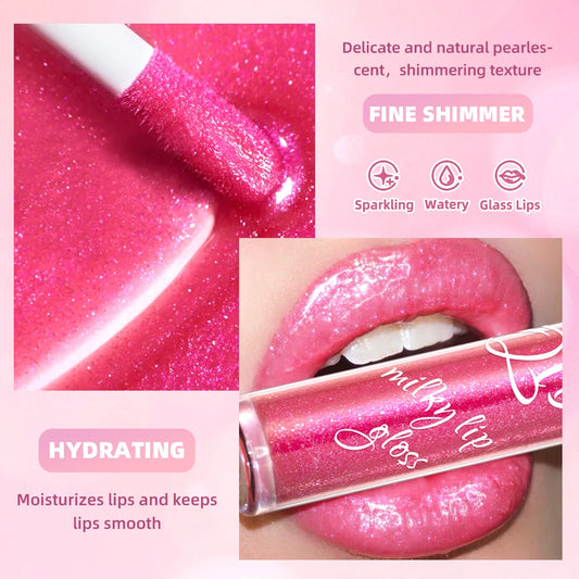 Coral Pink Glitter Lip Glaze LongLasting Moisturizing Shimmer Mirror Lipgloss Waterproof Liquid Lipstick Lip Oil Makeup Lip Tint