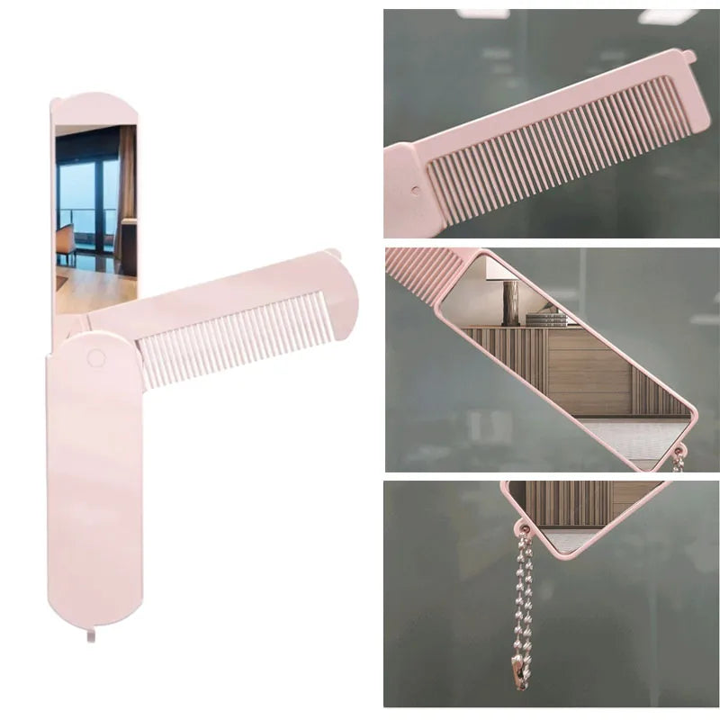 1pc Mini Folding Massage Comb Head Massager Anti-Static Portable Travel Hair Brush Girl Hair Combs with Mirror One Piece Combs