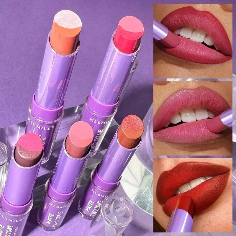 2 in 1 Matte Two Tone Waterproof Lipstick Long-lasting High-Pigment Color Lipliner Lipsticks Bitten-lip Gradual Change Lip Color