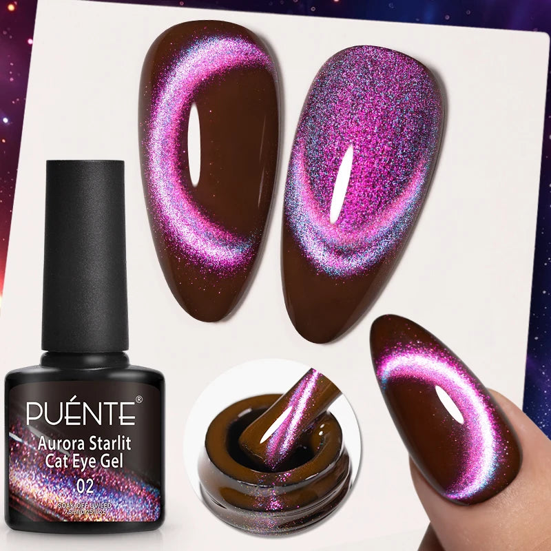 PUENTE 7.5ML Golden Gems Cat Magnetic Gel Nail Polish Pink Brown Blue Colors Golden Glitter Cat Eye Soak Off UV Nail Art Varnish
